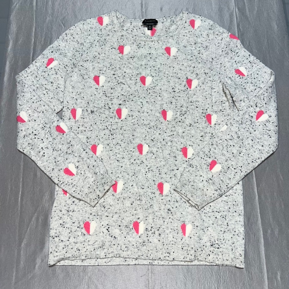 Talbots‎ Pure Cashmere Heart Sweater Grey Pink White Crew Neck Pullover Womens M